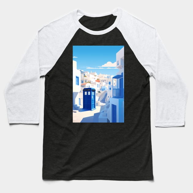 Dr Who Travel Poster Santorini Baseball T-Shirt by DesignedbyWizards